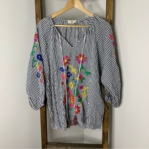 Entro Embroidered Black and White Striped Floral Blouse Size L